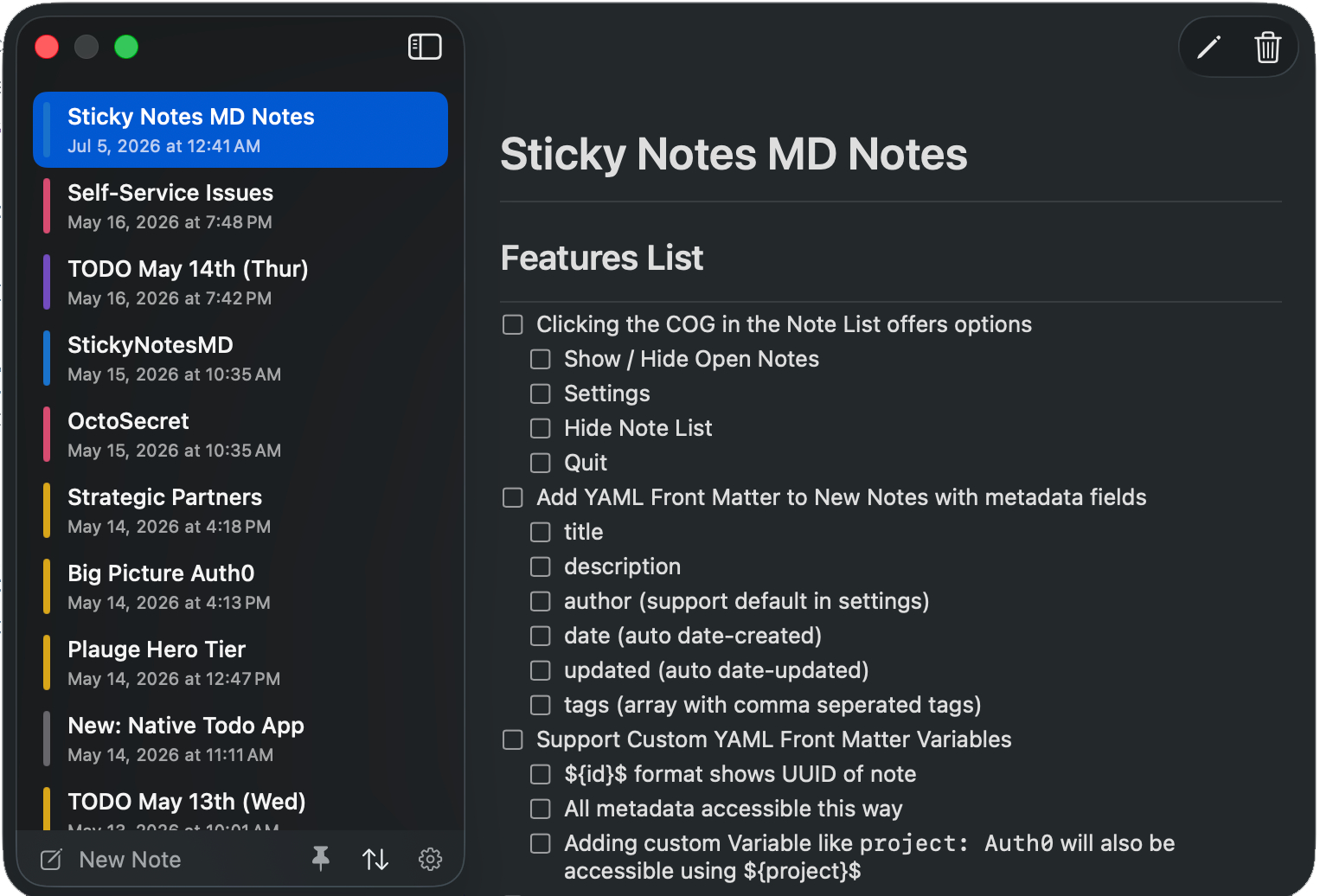 Sticky Notes main window